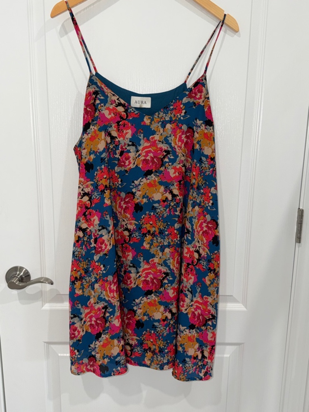 Aura Teal Floral Slip Dress with Pink & rust  Blooms size large